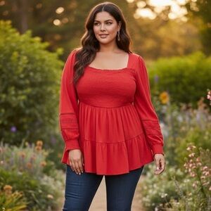 Torrid Babydoll Rayon Slub With Lace Inset Smocked Tiered Top Red Milk top 1 1X